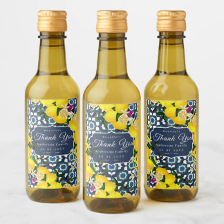 Lemon Mediterranean Tiles Navy Blue White Wine Label