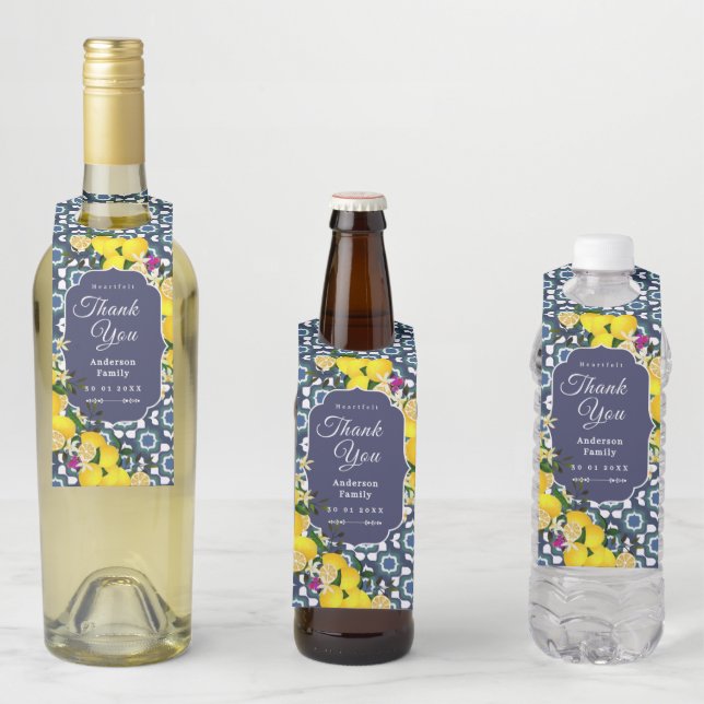 Lemon Mediterranean Tiles Navy Bottle Tag (In Situ)