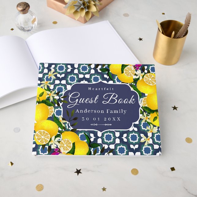 Lemon Mediterranean Tiles Navy Guest Book (Front Open)