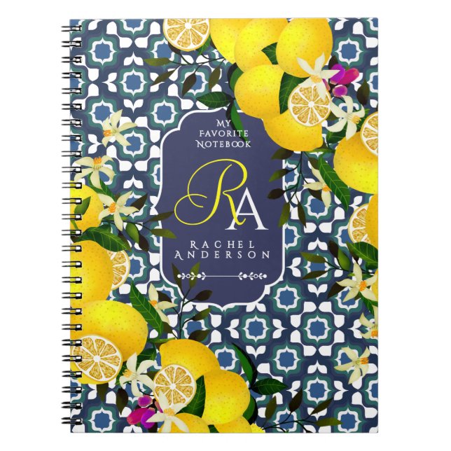 Lemon Mediterranean Tiles Navy Notebook (Front)