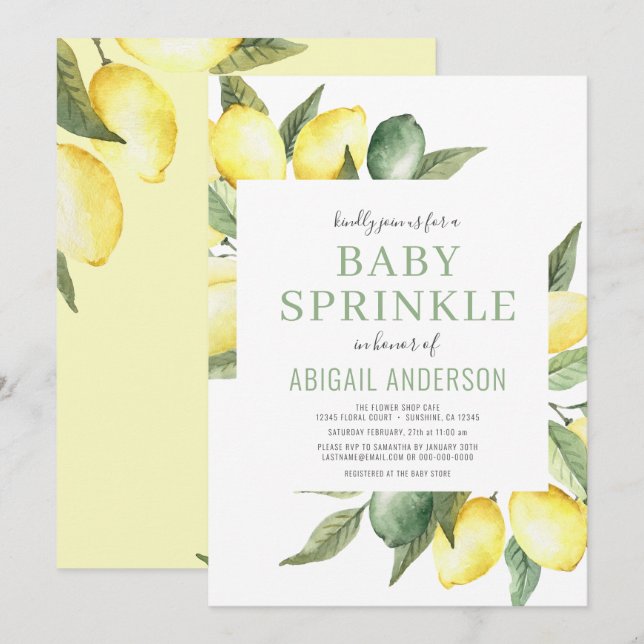Lemon Modern Citrus Baby Sprinkle Watercolor  Invitation (Front/Back)