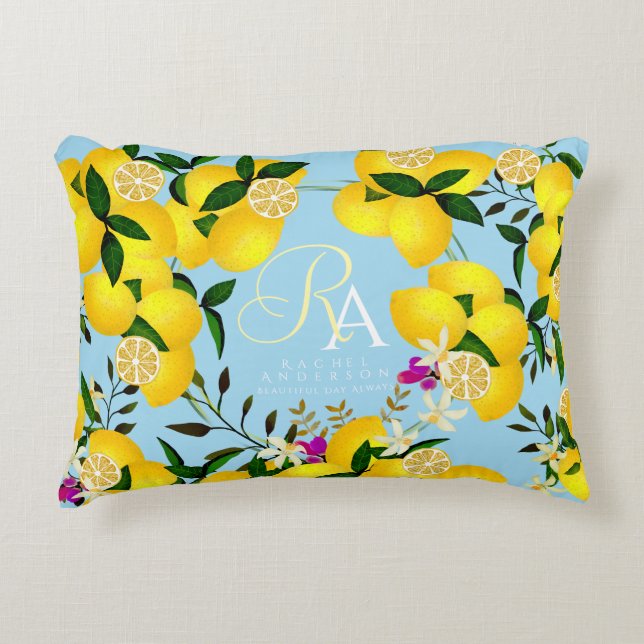 Lemon Monogram Blue Accent Pillow (Front)