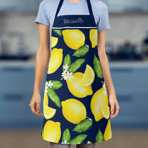 Lemon Monogram Botanical Pattern Navy Blue Apron