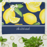 Lemon Monogram Botanical Pattern Navy Blue Kitchen Towel<br><div class="desc">This monogram design features a watercolor lemon pattern with your name at the top.</div>