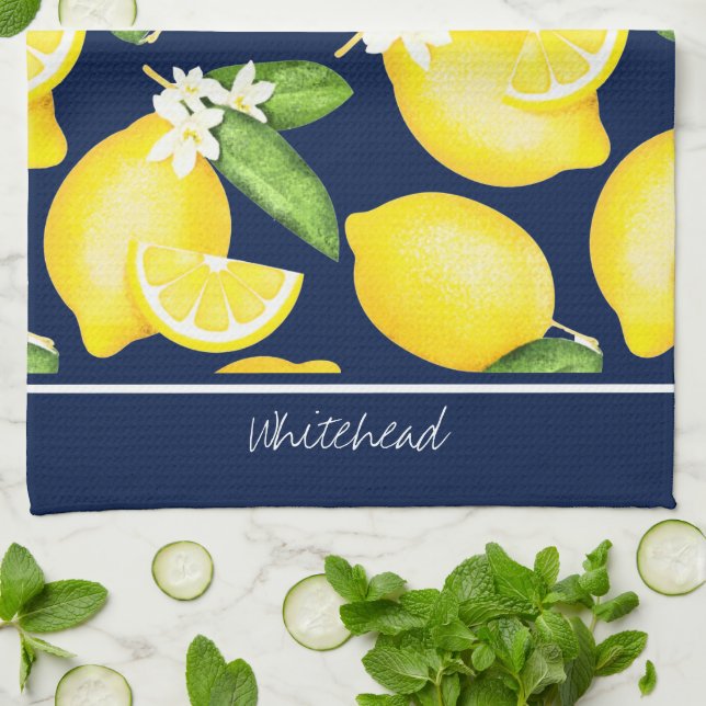 Lemon Monogram Botanical Pattern Navy Blue Kitchen Towel (Folded)