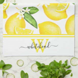 Lemon Monogram Botanical White  Kitchen Towel