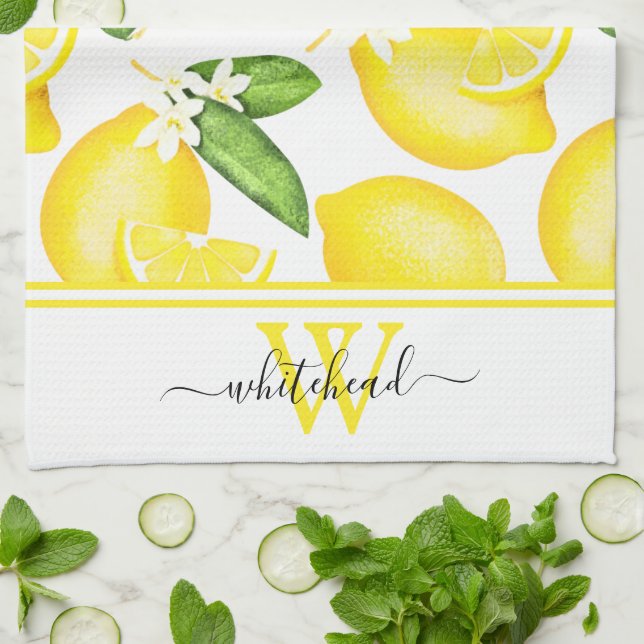 Lemon Monogram Botanical White  Kitchen Towel (Folded)