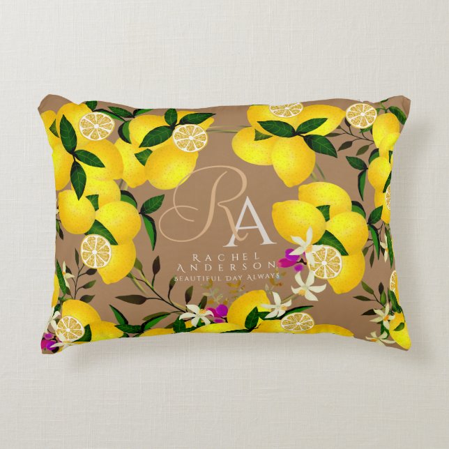 Lemon Monogram Brown Accent Pillow (Front)