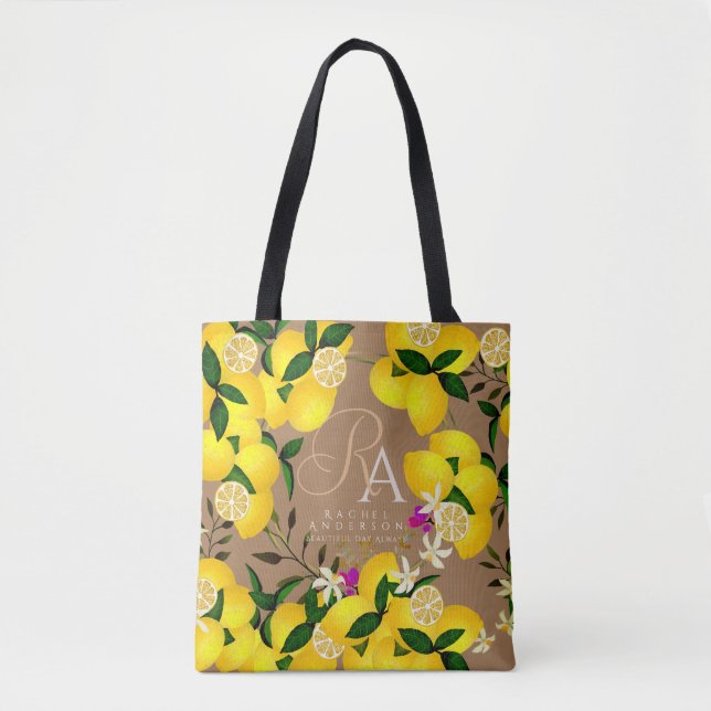 Lemon Monogram Brown Tote Bag (Front)