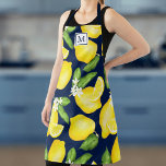 Lemon Monogram Citrus Navy Blue Apron<br><div class="desc">This monogram apron features a botanical lemon pattern with a navy band and a square for initial at the top.</div>