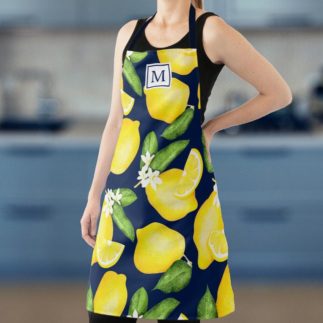Lemon Monogram Citrus Navy Blue Apron (Creator Uploaded)