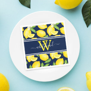 Lemon Monogram Citrus Pattern Navy Blue Napkin