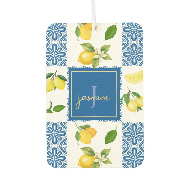 Lemon Monogram Name French Country Tile Pattern Air Freshener (Front)