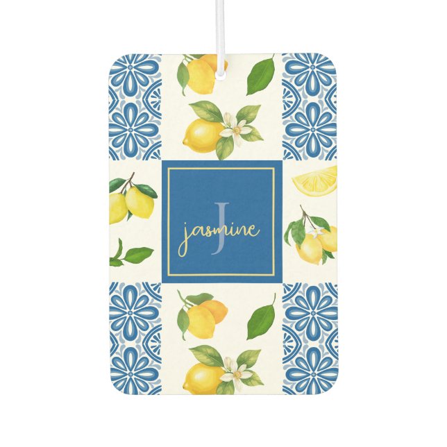 Lemon Monogram Name French Country Tile Pattern Air Freshener (Front)