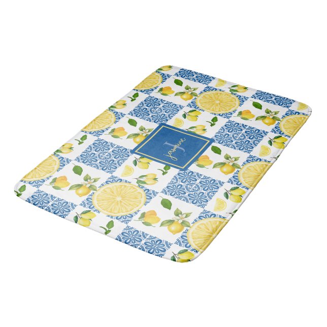 Lemon Monogram Name French Country Tile Pattern Bath Mat (Angled)