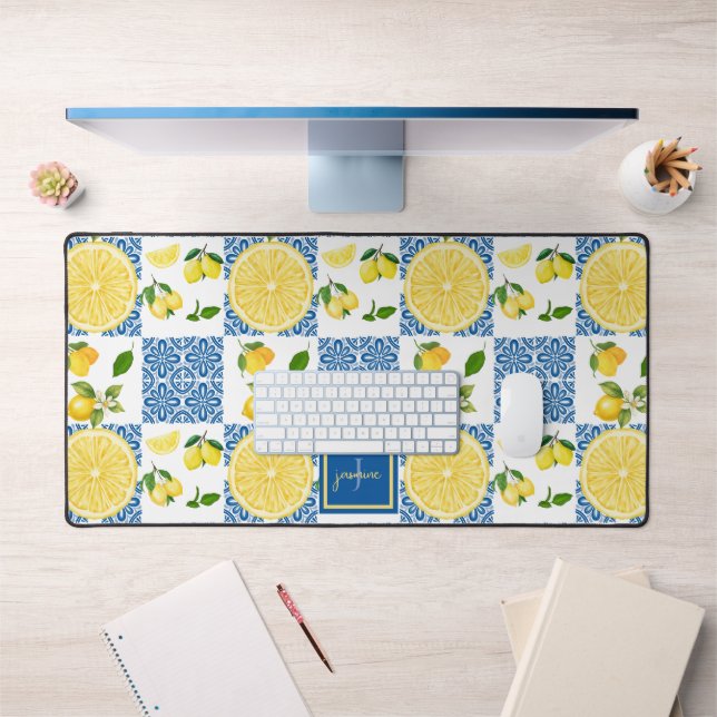 Lemon Monogram Name French Country Tile Pattern Desk Mat (Office 1)