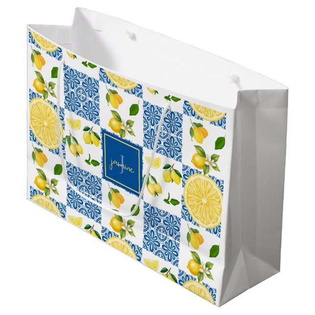 Lemon Monogram Name French Country Tile Pattern Large Gift Bag (Front Angled)