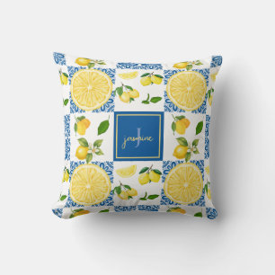 Lemon Monogram Name French Country Tile Pattern Throw Pillow