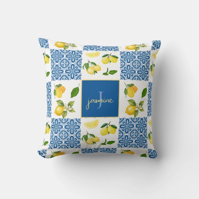Lemon Monogram Name French Country Tile Pattern Throw Pillow (Front)