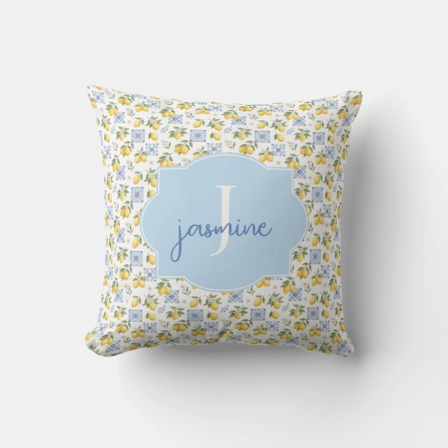 Lemon Monogram Name French Country Tile Pattern Throw Pillow (Front)