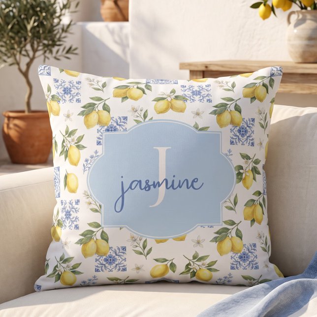 Lemon Monogram Name French Country Tile Pattern Throw Pillow (Creator Uploaded)