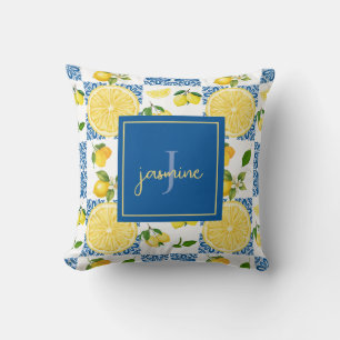 Lemon Monogram Name French Country Tile Pattern Throw Pillow