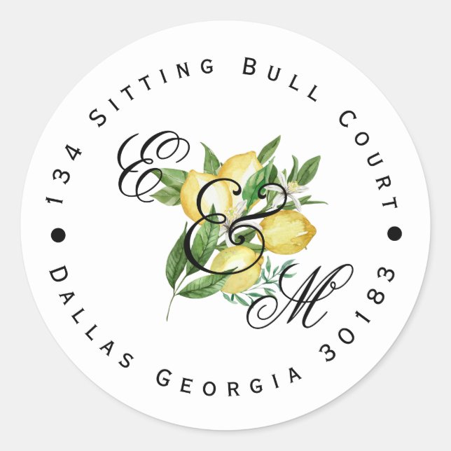 Lemon Monogram Return Address Classic Round Classic Round Sticker (Front)