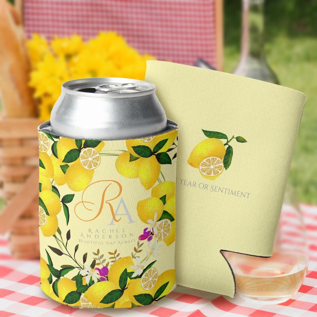 Lemon Monogram Yellow Can Cooler (Lemon Monogram Yellow Can Cooler for friends or birthday)