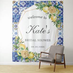 Lemon Mosaic Tiles Bridal Shower Welcome Backdrop Tapestry