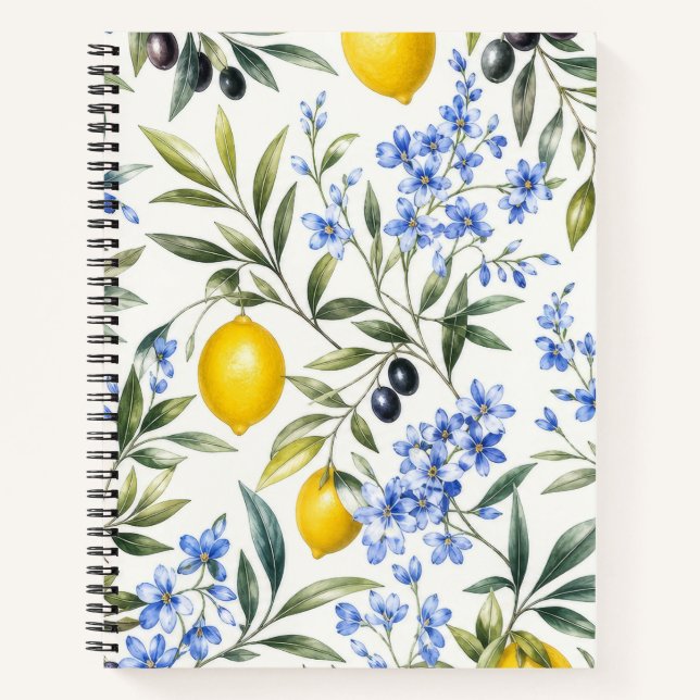 Lemon Olive and Blue Floral Botanical Notebook (Front)