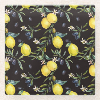 Lemon, olive branches: watercolor pattern. glass coaster