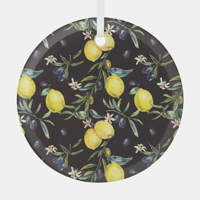 Lemon, olive branches: watercolor pattern. glass ornament (Front)