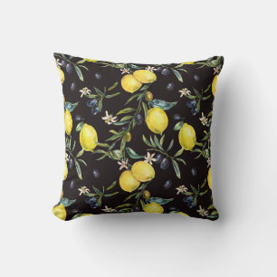 Lemon, olive branches: watercolor pattern. throw pillow