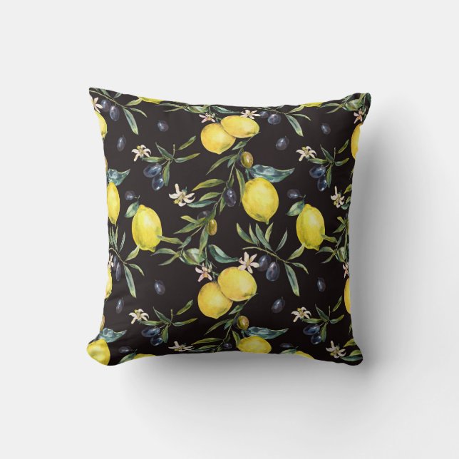 Lemon, olive branches: watercolor pattern. throw pillow (Front)