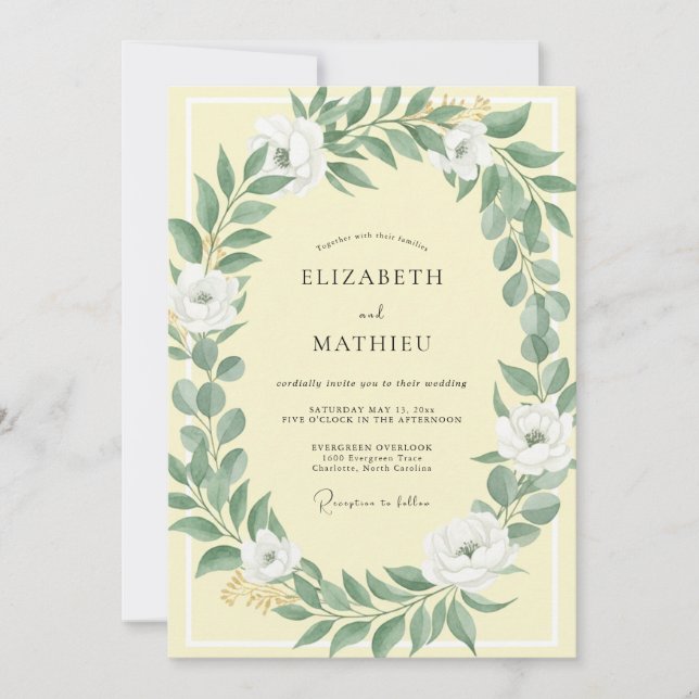 Lemon Olive Foliage Muted Eucalyptus Wedding Invitation (Front)