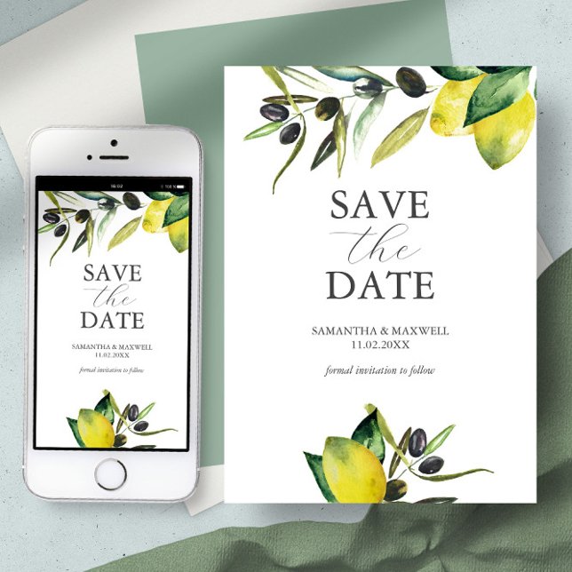 Lemon Olive Save The Date Modern Watercolor (save the date card digital template wedding theme mediterranean invitation lemon olives botanical)
