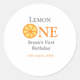 Lemon one happy 1st birthday orange grey retro boh classic round sticker