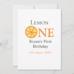 Lemon one happy 1st birthday orange grey retro boh invitation
