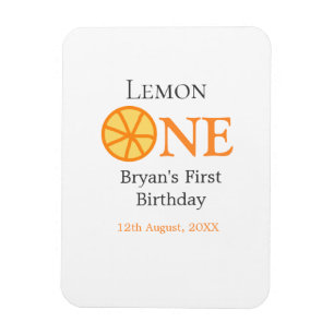 Lemon one happy 1st birthday orange grey retro boh magnet