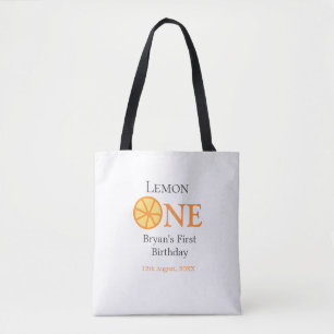 Lemon one happy 1st birthday orange grey retro boh tote bag