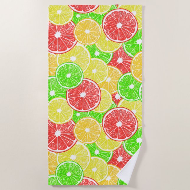 Lemon, orange, grapefruit and lime slices pattern beach towel (Front)
