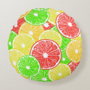 Lemon, orange, grapefruit and lime slices pattern round pillow