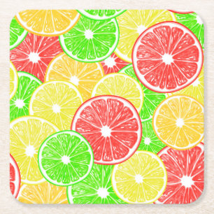 Lemon, orange, grapefruit and lime slices pattern square paper coaster