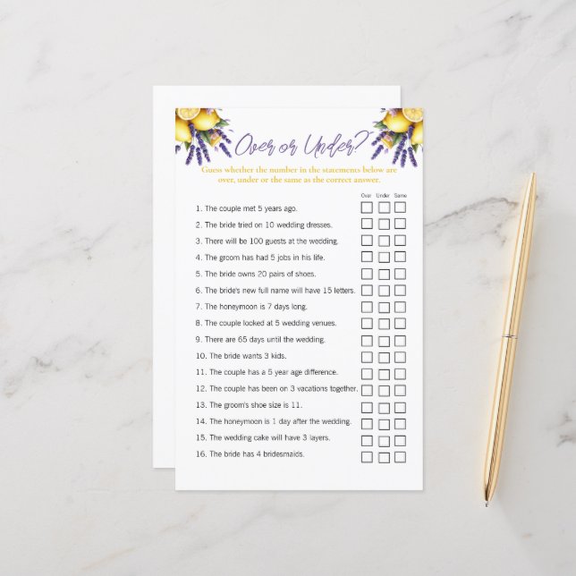 Lemon "Over and Under" Bridal Shower Game (Front/Back In Situ)