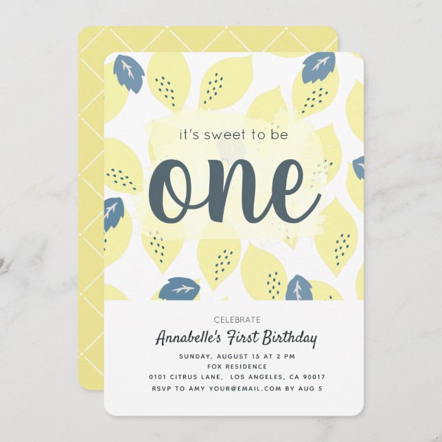 Lemon Pattern 1st Birthday Party Invitation (Front/Back)