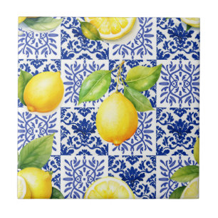 Lemon Pattern Blue White Mediterranean Citrus Tile