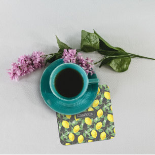 Lemon pattern custom name yellow grey square paper coaster