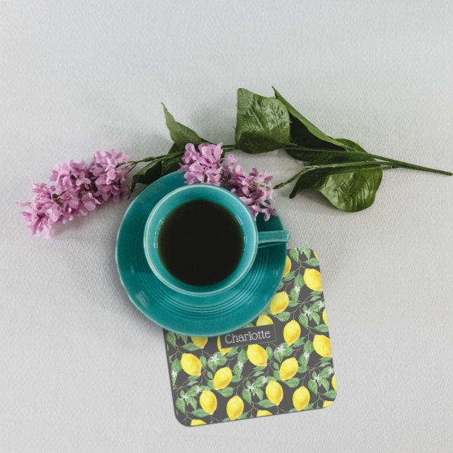 Lemon pattern custom name yellow grey square paper coaster (Creator Uploaded)