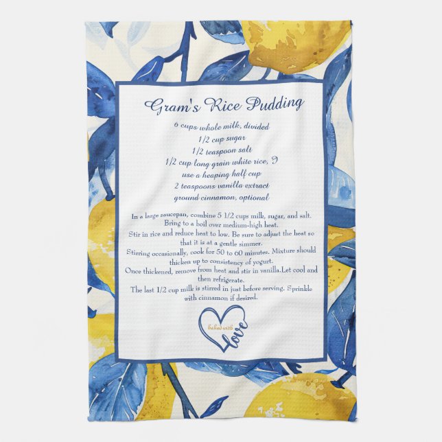 Lemon Pattern Family Recipe Keepsake Custom  Kitchen Towel (Vertical)