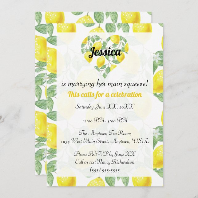 Lemon Pattern Heart Main Squeeze Bridal Shower Invitation (Front/Back)